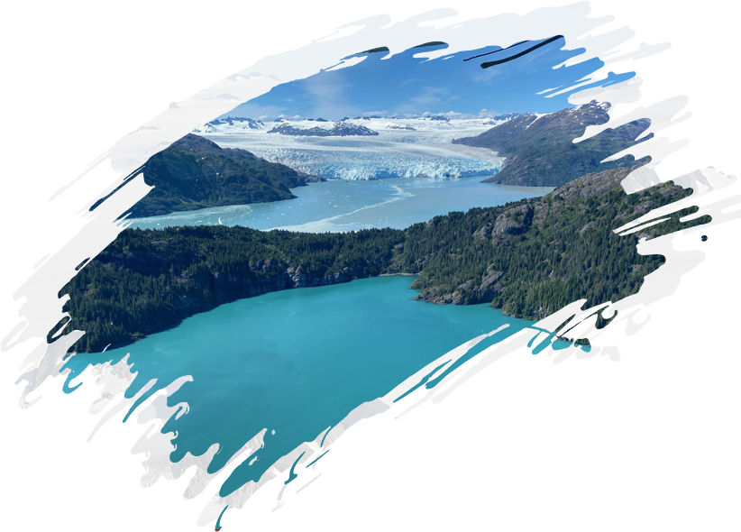 A blue lake with a glacier in the background.