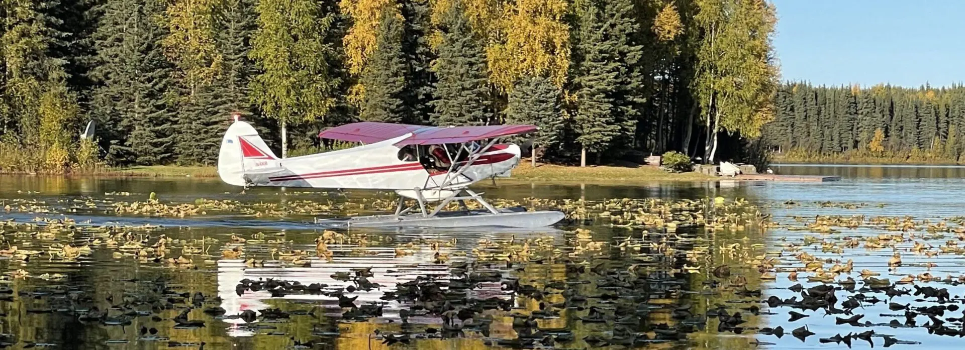 A small plane flying over a lake with trees in the background.